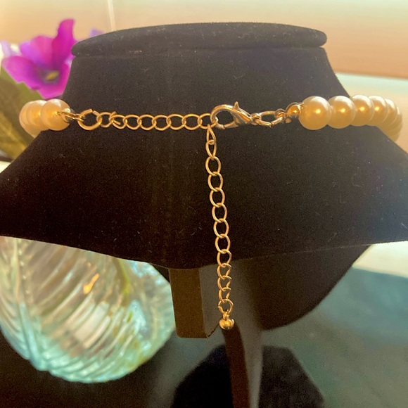 White Faux Pearl Necklace with Small Rhinestone Ball and Tear Drop Shaped Bead - Picture 6 of 11